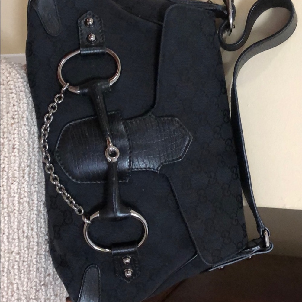 Gucci black fabric and leather trim and strap bag